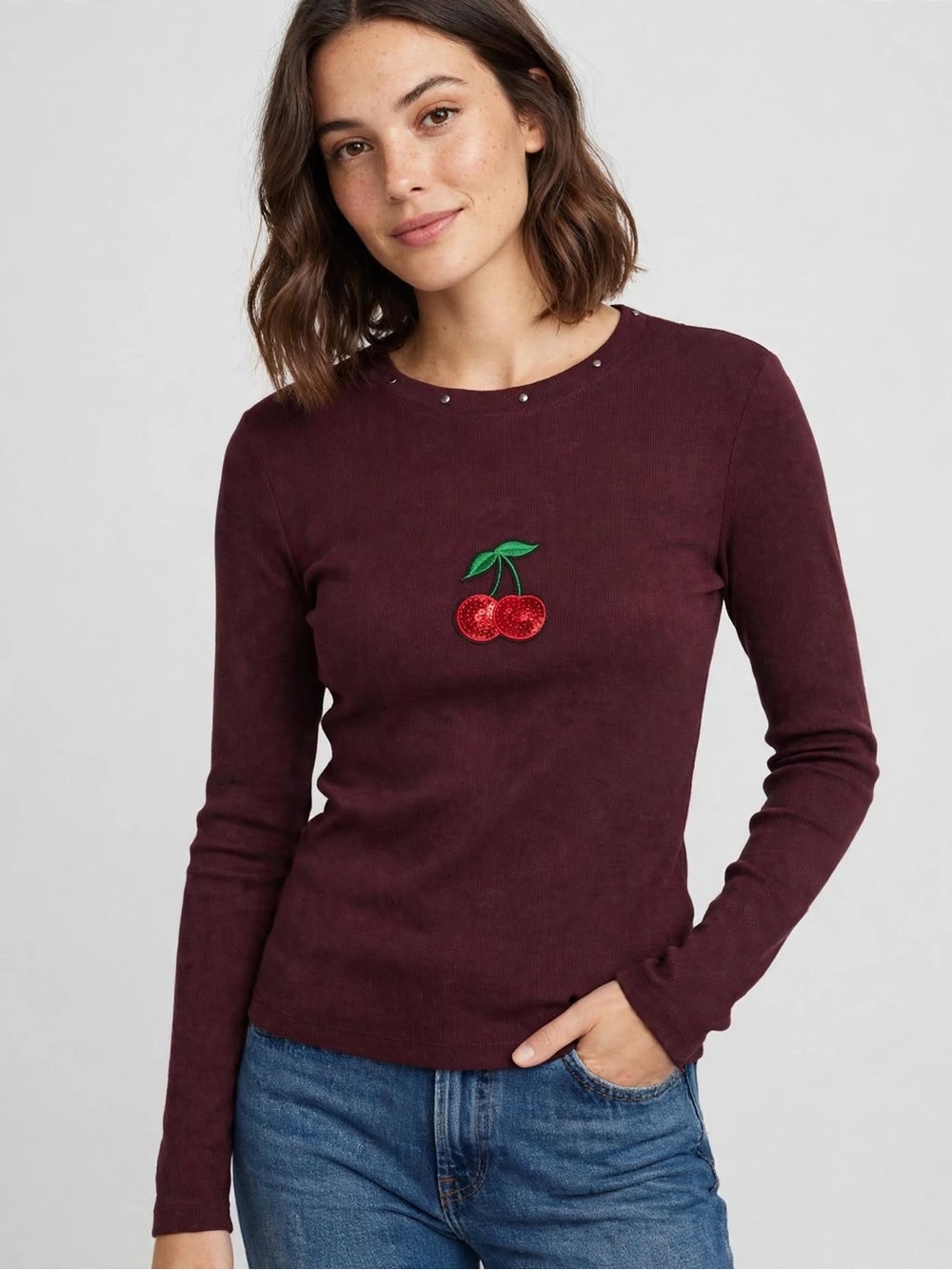 a new day Burgundy Long-Sleeve Cherry Patch Tee